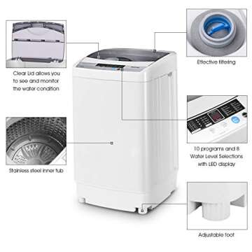 Giantex Full-Automatic Washing Machine Portable Compact 1.34 Cu.ft Laundry Washer Spin with Drain Pump, 10 programs 8 Water Level Selections with LED Display 12 Lbs Capacity