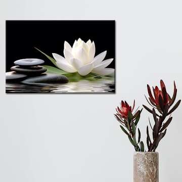 GLOKAKA Zen Canvas Wall Art,White Lotus Bloom in Water with Spa Stone,Black and White Bathroom Canvas Wall Art,Zen Spiritual Decor for Yoga Meditation Room Living Room