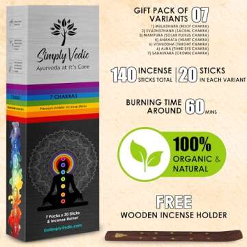 Simply Vedic 7 Chakra Incense Sticks Variety Pack with Holder, Set of 7 (140 Sticks) for Chakra Activation, Healing, Meditation, Yoga, Rituals, Aromatherapy, Energy Cleansing, Natural Handmade Incense