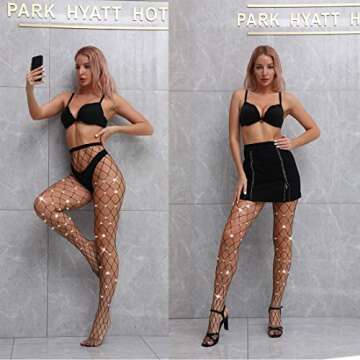 VEBZIN 2 Pack Sparkly Large And Medium Mesh Black Fishnet Tights Glitter Rhinestone Fishnets Leggings Stockings for Women