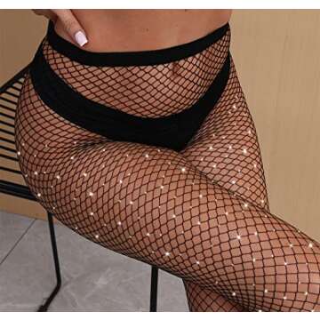 VEBZIN 2 Pack Sparkly Large And Medium Mesh Black Fishnet Tights Glitter Rhinestone Fishnets Leggings Stockings for Women