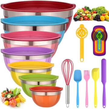 Mixing Bowls with Lids for Kitchen - 26 PCS Stainless Steel Nesting Colorful Mixing Bowls Set for Baking,Mixing,Serving & Prepping,Size 7, 5.5, 5, 4, 3, 2, 1.5QT,12 Colorful Cooking Utensils