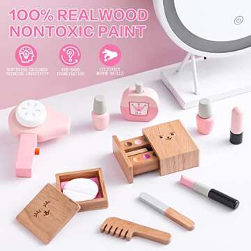 umu Wooden Beauty Salon Toys for Girls Makeup Playset 12 Piece Kit with Makeup, Brush, Mirror and Cosmetics Case, Best Gift for 3, 4, 5+ Girls Kids