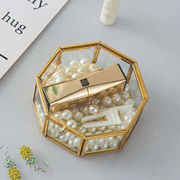 Giadun Glass Vintage Jewelry Box, Golden Geometric Jewelry Display Organizer Box Vanity Lidded Box Home Decor Accent Decorative Box for Storage Trinket Rings Bracelet