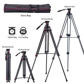 Avella VH501 Video Tripod System,72 inch Professional Heavy Duty Aluminum Tripod, with Detachable Fluid Drag Pan Tilt Head Max Loading 13.2 LB, for Canon Nikon Sony Olympus Panasonic DSLR Camcorder