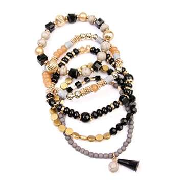 RIAH FASHION Bohemian Mix Bead Multi Layer Versatile Statement Bracelets - Stackable Beaded Strand Stretch Bangles Sparkly Crystal, Tassel Charm (Black)