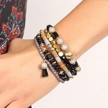 RIAH FASHION Bohemian Mix Bead Multi Layer Versatile Statement Bracelets - Stackable Beaded Strand Stretch Bangles Sparkly Crystal, Tassel Charm (Black)