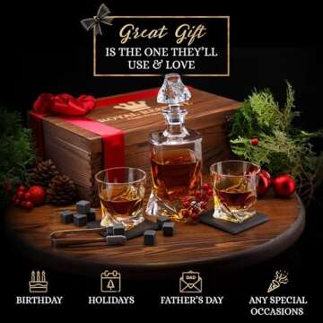 Whiskey Decanter Set by Royal Reserve – Whiskey Gift Set - Twisted Bourbon Decanter 34 oz 1000 ml with Glasses, Whiskey Stones, Coasters, Tongs – Whiskey Gifts for Men, Husband, Dad Christmas