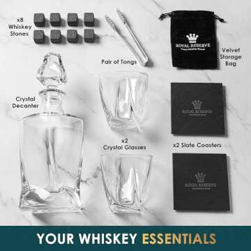 Whiskey Decanter Set by Royal Reserve – Whiskey Gift Set - Twisted Bourbon Decanter 34 oz 1000 ml with Glasses, Whiskey Stones, Coasters, Tongs – Whiskey Gifts for Men, Husband, Dad Christmas