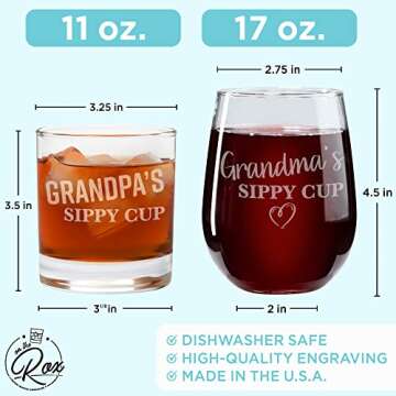 On The Rox Drinks Grandma and Grandpa Gifts - 17oz Grandma's and 11oz Grandpa's Sippy Cups, Set of 2- Gift Wine and Whiskey Glasses - Gift Ideas for First-Time Grandmother or New Grandparents