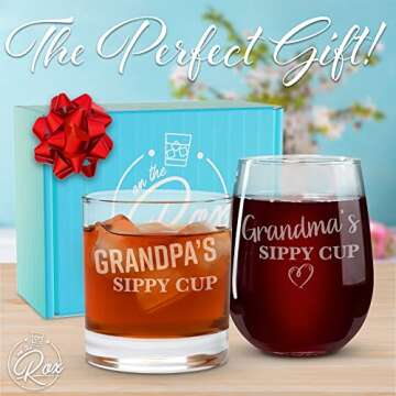 On The Rox Drinks Grandma and Grandpa Gifts - 17oz Grandma's and 11oz Grandpa's Sippy Cups, Set of 2- Gift Wine and Whiskey Glasses - Gift Ideas for First-Time Grandmother or New Grandparents