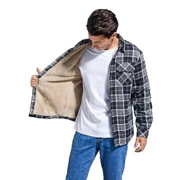 Puwasa Mens Plaid Flannel Jacket Sherpa Lined Warm Fleece Lightweight Jacket Button Up Pocket Jacket for Man Black Small