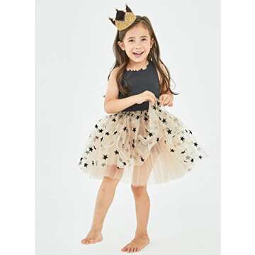 BUENOS NINOS Baby Girl's Sleeveless 4 Layers Cotton Tulle Skirts with Shiny Star Party Tutu Dress for 4-8T (XXL(8T), Black Star Sleeveless)