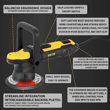 WEIZE Dual Action Polisher, 5 /6 Inch Random Orbital Buffer Polisher for Car Detailing, 2000-6400 OPM, 6 Variable Speed with Detachable Pads, Polishes & Compounds Kit Perfect for Boat, Car Polishing