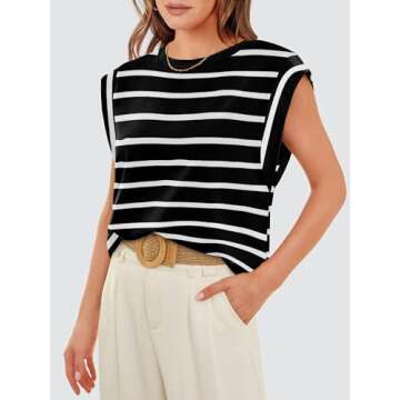 Black and White Striped Shirt Women's T Shirts Cap Sleeve High Neck Tops Trendy Spring Summer Top Dressy Casual Outfits Old Money Clothes 2024 S