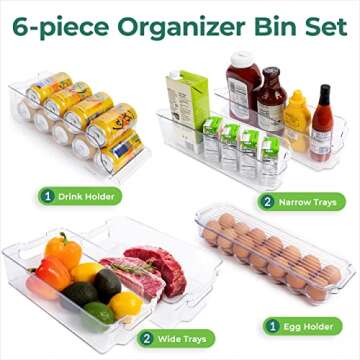 Greenco Refrigerator Organizers and Storage - Clear Fridge Organizer Bins Set, Shatterproof Plastic with Easy-Grip Handles, Stackable Kitchen Organization Solution for Home and RV - Set of 6