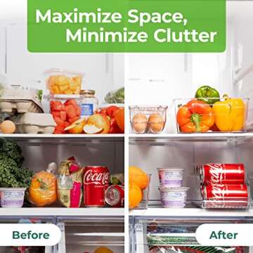 Greenco Refrigerator Organizers and Storage - Clear Fridge Organizer Bins Set, Shatterproof Plastic with Easy-Grip Handles, Stackable Kitchen Organization Solution for Home and RV - Set of 6