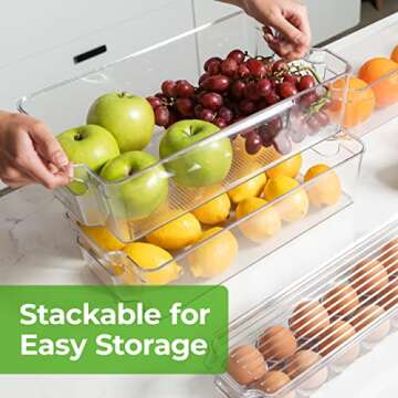 Greenco Refrigerator Organizers and Storage - Clear Fridge Organizer Bins Set, Shatterproof Plastic with Easy-Grip Handles, Stackable Kitchen Organization Solution for Home and RV - Set of 6