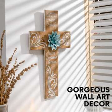 BAYSBAI Cross Wall Decor With Metal Flower - Bless Our Family Cross Decor, Bead Crafts - Religious, Spiritual, Christian, Crucifix, Orthodox Home Decoration - Weathered Wood Look Art Sculpture