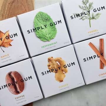 Simply Gum | Variety Pack - Peppermint, Cinnamon, Ginger, Fennel, Maple, Coffee | Plant- Based Chewing Gum | Synthetic Plastic Free + Aspartame Free + non GMO