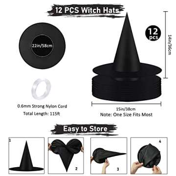 12 PCS Halloween Black Witch Hats Costume Accessory Decorations, Thickened Hanging Wizard Hats Bulk for Women Kids with Rope Floating Porch Indoor Outdoor Hocus Pocus Decor Party Supplies Game Toy