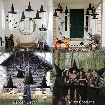 12 PCS Halloween Black Witch Hats Costume Accessory Decorations, Thickened Hanging Wizard Hats Bulk for Women Kids with Rope Floating Porch Indoor Outdoor Hocus Pocus Decor Party Supplies Game Toy