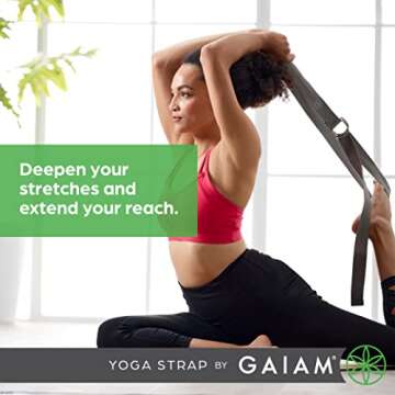 Gaiam Yoga Strap 8ft Stretch Band with Adjustable Metal D-Ring Buckle Loop - Exercise & Fitness Stretching for Yoga, Pilates, Physical Therapy, Dance, Gym Workouts (Black)