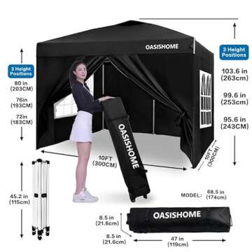 OASISHOME Pop-up Gazebo Instant Portable Canopy Tent 10'x10', with 4 Sidewalls, Windows, Wheeled Bag, for Patio/Outdoor/Wedding Parties and Events (10FTx10FT, Black)