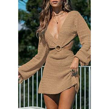 LILLUSORY Beach Cover Up Sets for Women Swimsuit Swim Swimwear Bathing Suit Coverup Dress Crochet 2023 Summer Spring Long Sleeve Bikini Sexy Vacation Outfits Khaki