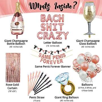 Swept Bachelorette Party Decorations Naughty, Bach Shit Crazy, Same Penis Forever, Penis Straws, Rose Gold Bridal Shower Kit, Rose Gold Curtains, Confetti Balloons, Photo Props