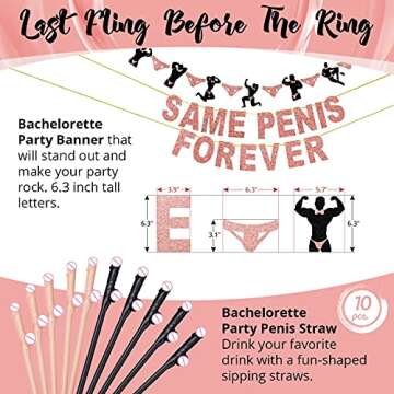 Swept Bachelorette Party Decorations Naughty, Bach Shit Crazy, Same Penis Forever, Penis Straws, Rose Gold Bridal Shower Kit, Rose Gold Curtains, Confetti Balloons, Photo Props