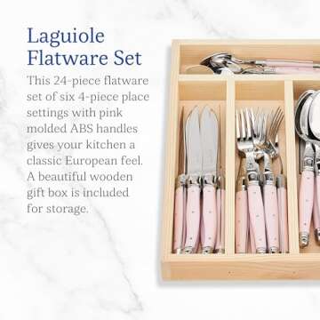 Jean Dubost Laguiole 24-Piece Everyday Flatware Set, Pink Handles - Rust-Resistant Stainless Steel - Includes Wooden Tray - Made in France