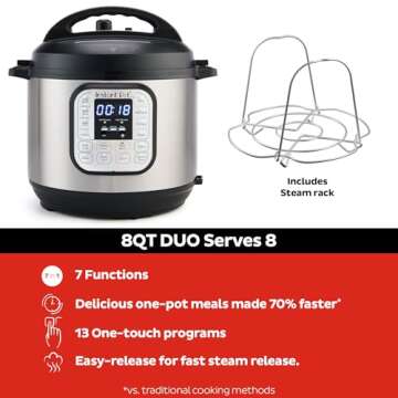 Instant Pot Duo 7-in-1 Electric Pressure Cooker, Slow Cooker, Rice Cooker, Steamer, Sauté, Yogurt Maker, Warmer & Sterilizer, Includes App With Over 800 Recipes, Stainless Steel, 8 Quart