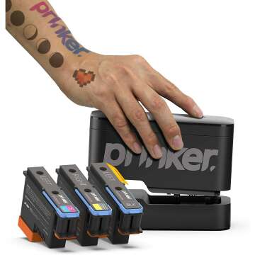 Prinker S Temporary Tattoo Device Package for Your Instant Custom Temporary Tattoos with Premium Cosmetic Full Color + Black Ink - Compatible w/iOS & Android devices