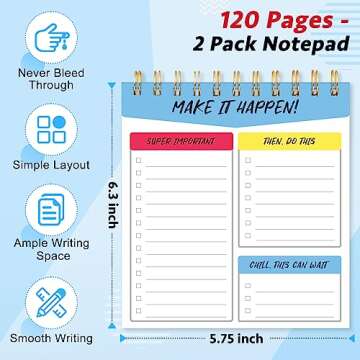 To Do List Notepad 2 Pack - 120 Pages Daily To Do List Notebook, 5.75” x 6.25” Teacher Notepad for Work, Daily Task Planner Office Supplies, Boost Productivity Checklist, Reminders, Goals, Notes