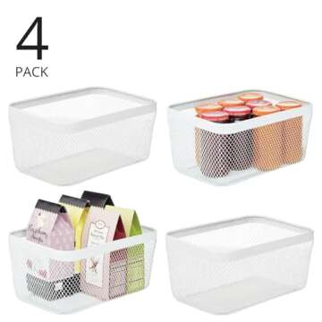 mDesign Steel Food Storage Organizer Bin Mesh Basket, Space Saving for Kitchen Cabinets, Countertop, Pantry, Fridge, Freezer Organization, Canned Food, Sugar, Flour, Meshi Collection - 4 Pack - White