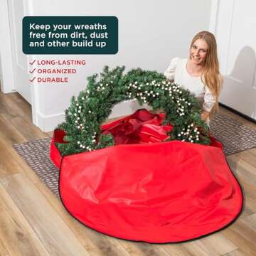 HOLDN’ STORAGE Premium Wreath Storage Bag - Durable 600D Material - Waterproof - Heavy-Duty Christmas Storage Container for Xmas Wreath with Dual Zipper Closure, Tear-Proof, 48" W x 8" D - Red