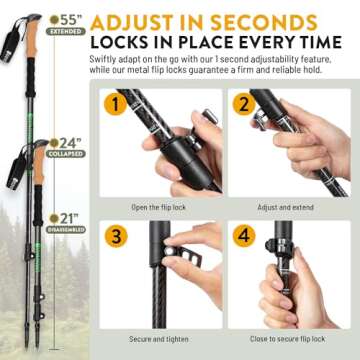 Hiker Hunger Carbon Fiber Trekking Poles | Collapsible Walking Sticks for Travel | Walking Poles for Women | Hiking Poles for Men | Hiking Sticks | Walking Stick - 3k Black & Green Cork