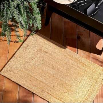 FRELISH DECOR Handwoven Jute Area Rug - 2x3 feet - Natural Yarn - Rustic Vintage Beige Braided Reversible Rug - Eco Friendly Rugs for Bedroom - Kitchen - Living Room - Farmhouse (2'x3')