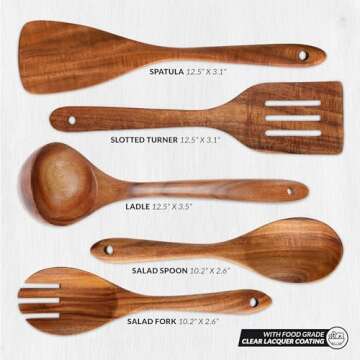 Zulay Kitchen Extra-Large 5-Piece Wooden Spoon Set for Cooking - Smooth Teak Wooden Utensils - Comfort-Grip Non-Stick Wooden Cooking Spoons - Large Wooden Turner, Spatula, Skimmer, Fork, Serving Spoon