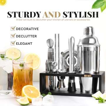 Mixology Bartender Kit with Stand - 15 Piece Bar Tool Set, Silver Bar Set Cocktail Shaker Set for Drink Mixing - includes Martini Shaker, Jigger, Strainer, Bar Mixer Spoon, Tongs, Opener | Gift Idea