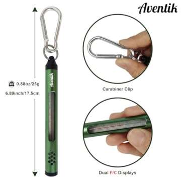 Aventik Fly Fishing Water Streamer Thermometer 20-120 Fahrenheit/Celsius Rotate Lake Thermometer Anglers Vest Pack Tool Gear Accessories Fly Fishing Carp Bass Sea Fishing(Green)