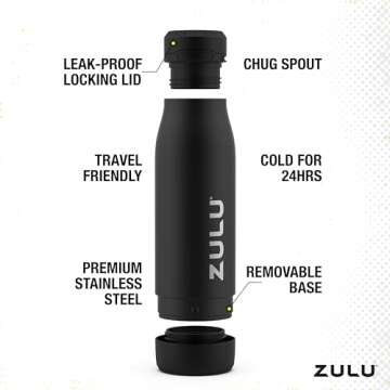 Zulu Ace 18oz Vacuum Insulated Stainless Steel Water Bottle with Chug Spout, Leak-Proof Locking Lid and Removable Base for School, Backpack, Sports, Gym, Travel, Army