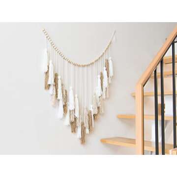 Decocove Large Macrame Wall Hanging with Wood Beads - Bohemian Wall Decor for Bedroom, Living Room and Kitchen - Cream and Beige - 35'' x 36''