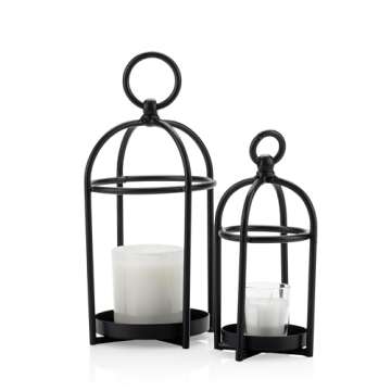 Craftsman Road Candle Lantern Décor, Set of 2 Antique Style Decorative Lanterns, Black Metal Rustic Farmhouse Lanterns, Pillar Candle Holders, Modern Home Decorations, Indoor or Outdoor (No Glass)