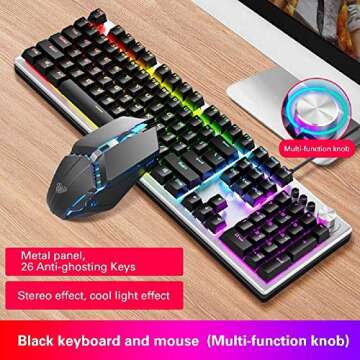 Gaming Keyboard and Mouse Combo, Rainbow Backlit Mechanical Feeling Keyboard with 4 Colors Breathing LED Backlight Mouse Set for PC Laptop Computer Game and Work, Home and Office