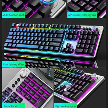 Gaming Keyboard and Mouse Combo, Rainbow Backlit Mechanical Feeling Keyboard with 4 Colors Breathing LED Backlight Mouse Set for PC Laptop Computer Game and Work, Home and Office