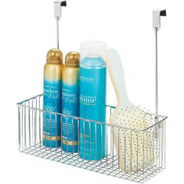 mDesign Metal Over Cabinet Bathroom Storage Organizer Holder or Basket - Hang Over Cabinet Doors - Holds Shampoo, Conditioner, Body Wash - Strong Steel Wire - Chrome