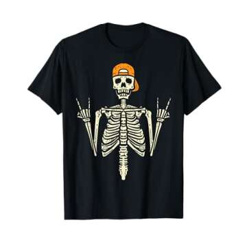 Rocker Skeleton Cap Skater Cool Halloween Punk Rock Men Boys T-Shirt