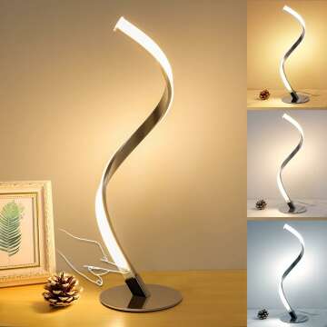 KIAMPON Modern Spiral Table Lamp, 3 Colors Touch Control Desk Lamp for Bedroom Living Room Office, 2700K - 6500K Warm Nature Cold White Light, Silver Bedside Nightstand Lamp, Curved Art Lamp